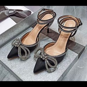 Black crystal bow heels